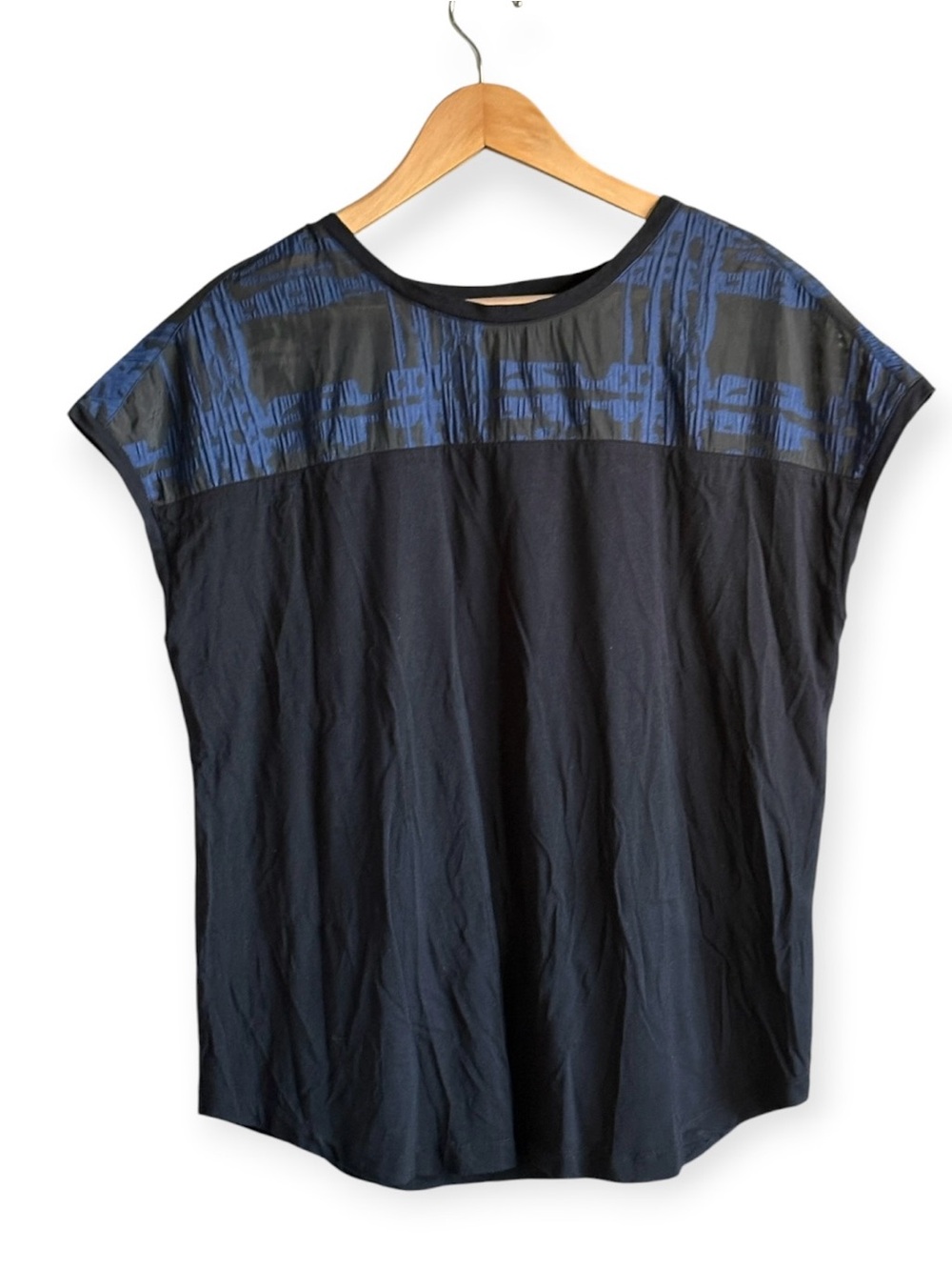 Ruti Womens Black Blue Textured Sheer Short Sleeve Top Size 1 Small Oversized